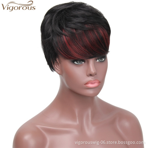 Vigorous Natural Black Short Pixie Cut Wig with Red Bangs Synthetic Short Straight Hair Wig for Women Natural Looking